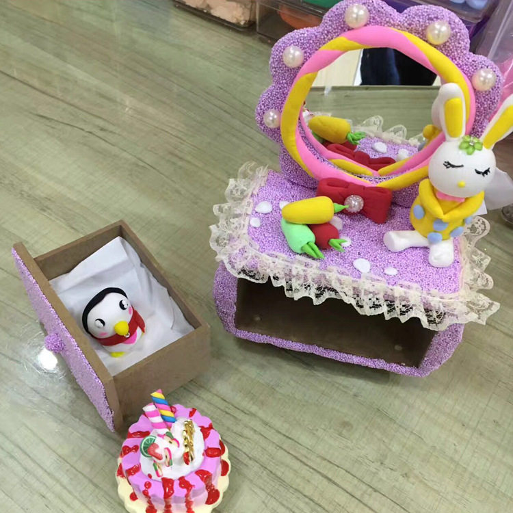 儿童手工创意diy 木制首饰盒白胚 镜子梳妆台粘土珍珠泥益智玩具