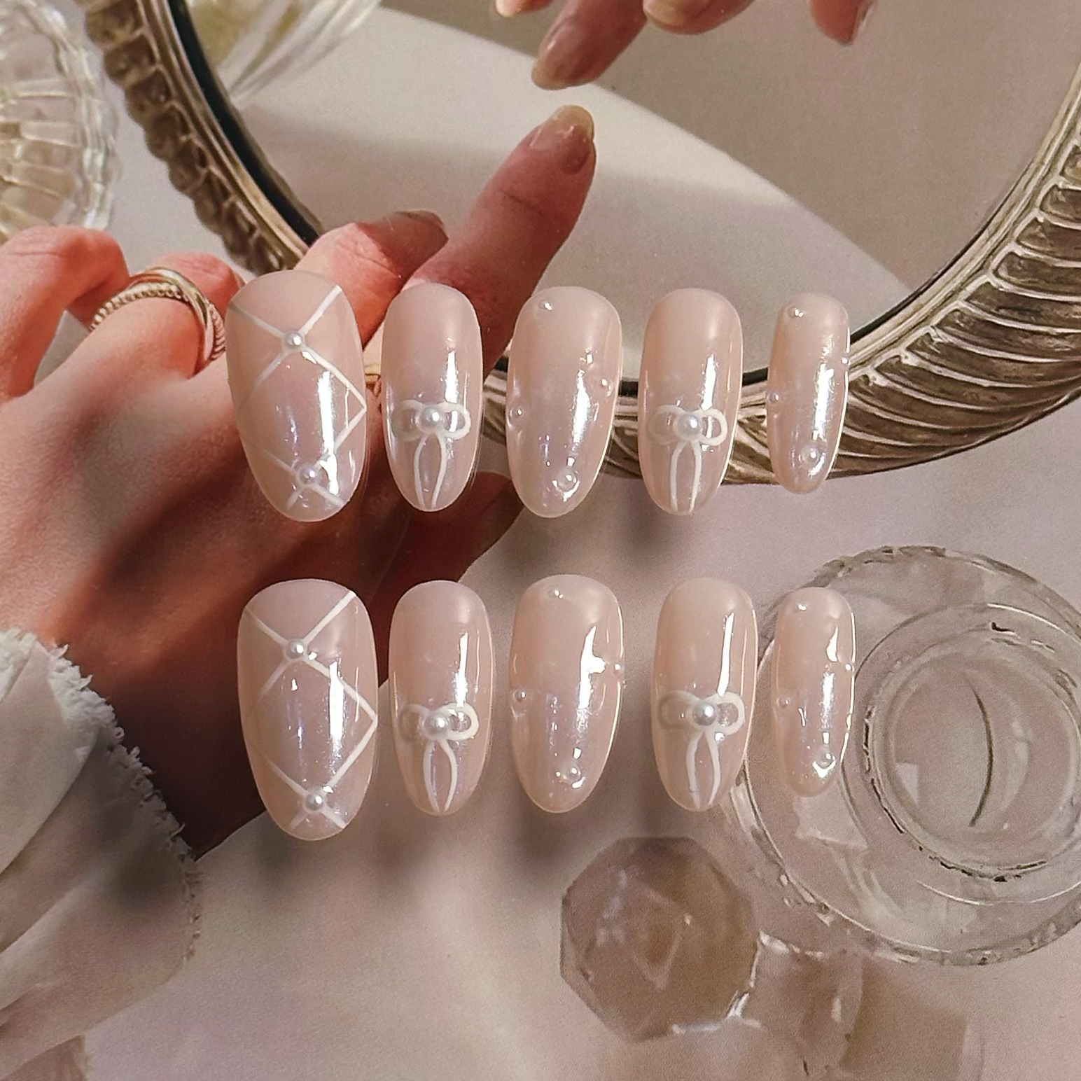 【公主芭蕾】纯手工穿戴甲彩绘蝴蝶结珍珠美甲贴片成品假指甲贴片