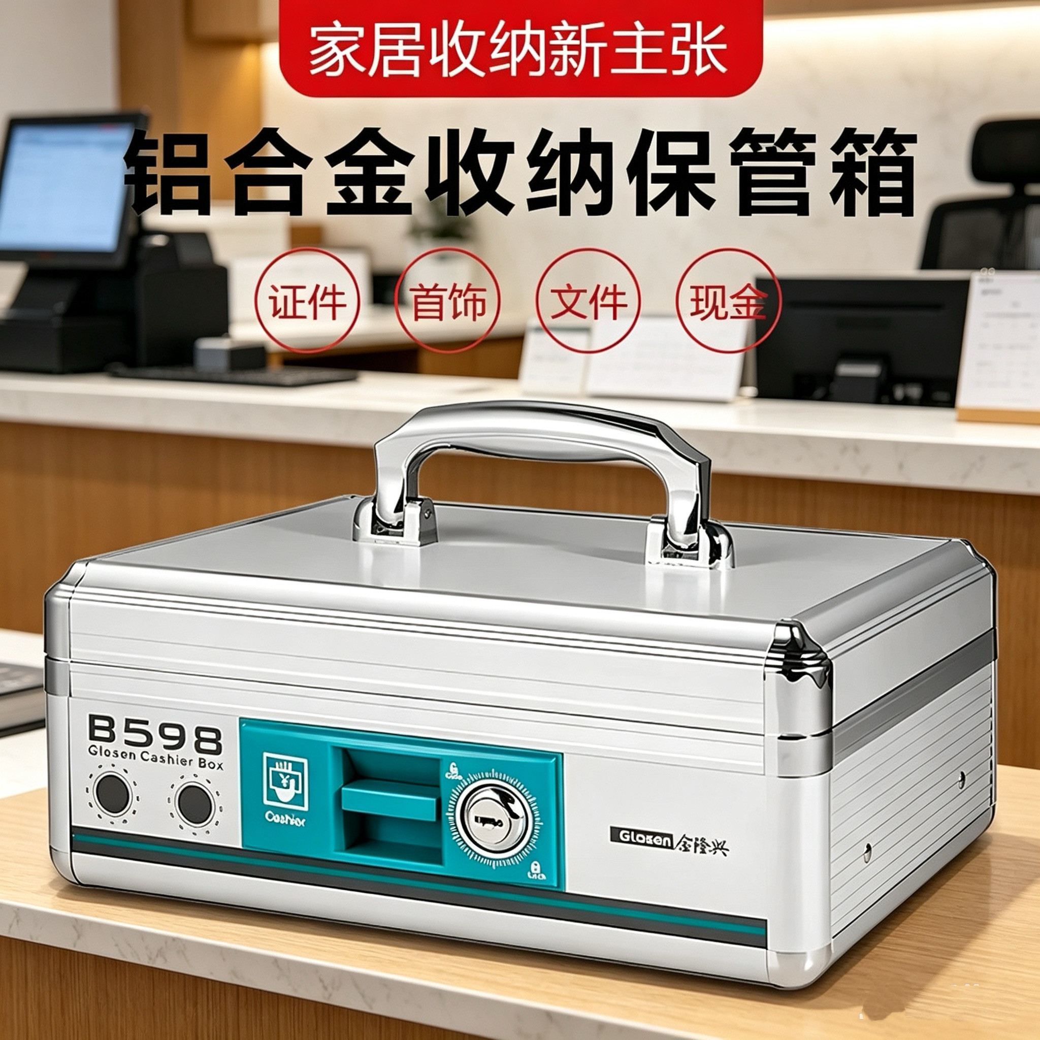 加厚铝合金带锁收银箱便携式多功能现金收银盒提款箱金属钱箱盒