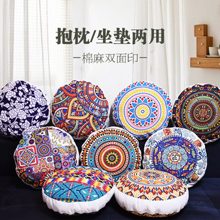 双面棉麻圆形瑜伽蒲团地上坐垫复古民族沙发靠枕套飘窗垫含芯定制
