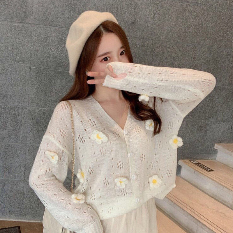 Net red heavy industry three dimensional flower sweater knitted cardigan loose Korean sunscreen coat