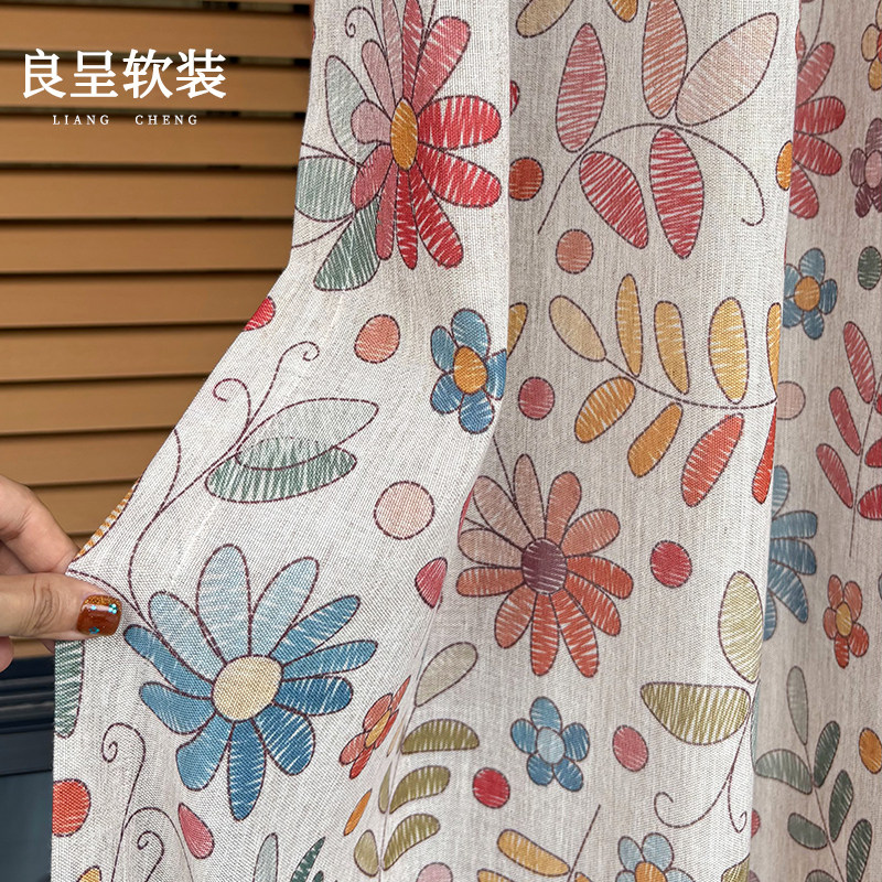 七色堇 棉麻窗纱数码印花透光不透人客厅中古包豪斯美式田园风格