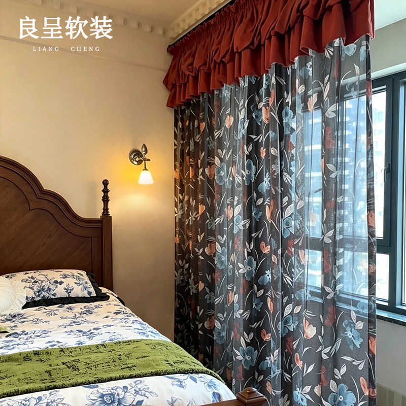 暮野繁花 新款仿亚麻纱帘印花纱南洋中古风美式客厅卧室阳台纱