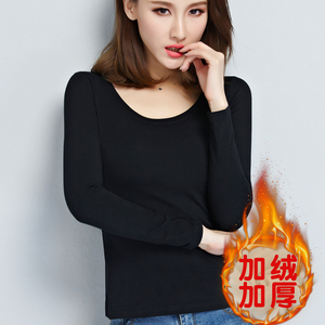 新款韩版加绒打底衫女纯棉加厚黑色T恤秋衣紧身保暖女装秋衣上衣