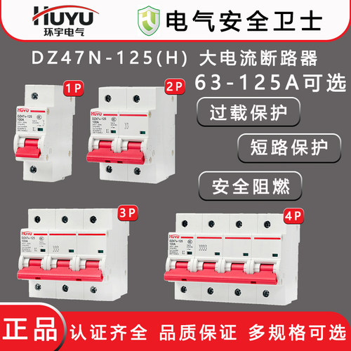 HUYU环宇DZ47N-125空气开关断路器2P家用电闸3P大电流断路器4P