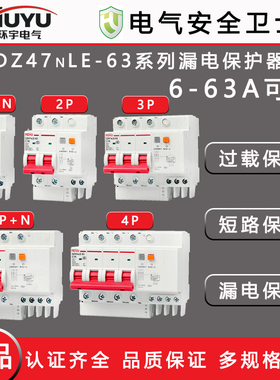HUYU环宇DZ47NLE-63带漏电保护器空开2P家用断路器3PN三相漏保4P