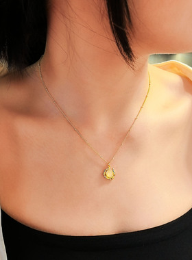 ins风金色玉髓天然石项链女锁骨链小众吊坠颈链简约女士生日礼物