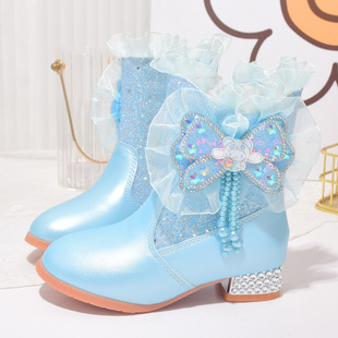 女童靴子秋冬季高跟鞋加绒新款儿童短靴粉蓝色水晶靴保暖棉靴