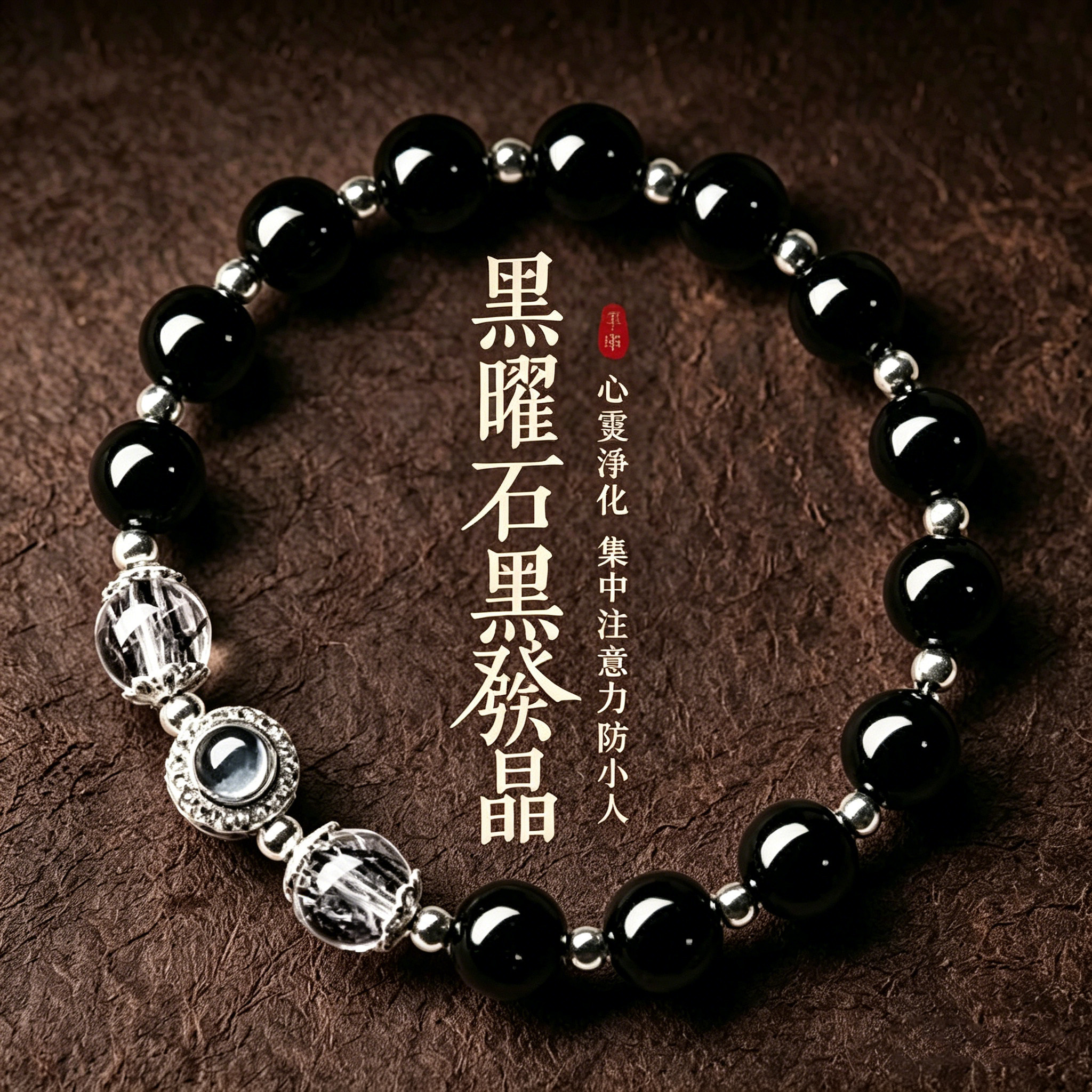 黑曜石手串 招财祈福补水手串手链 黑发晶手链男女士转运珠招财