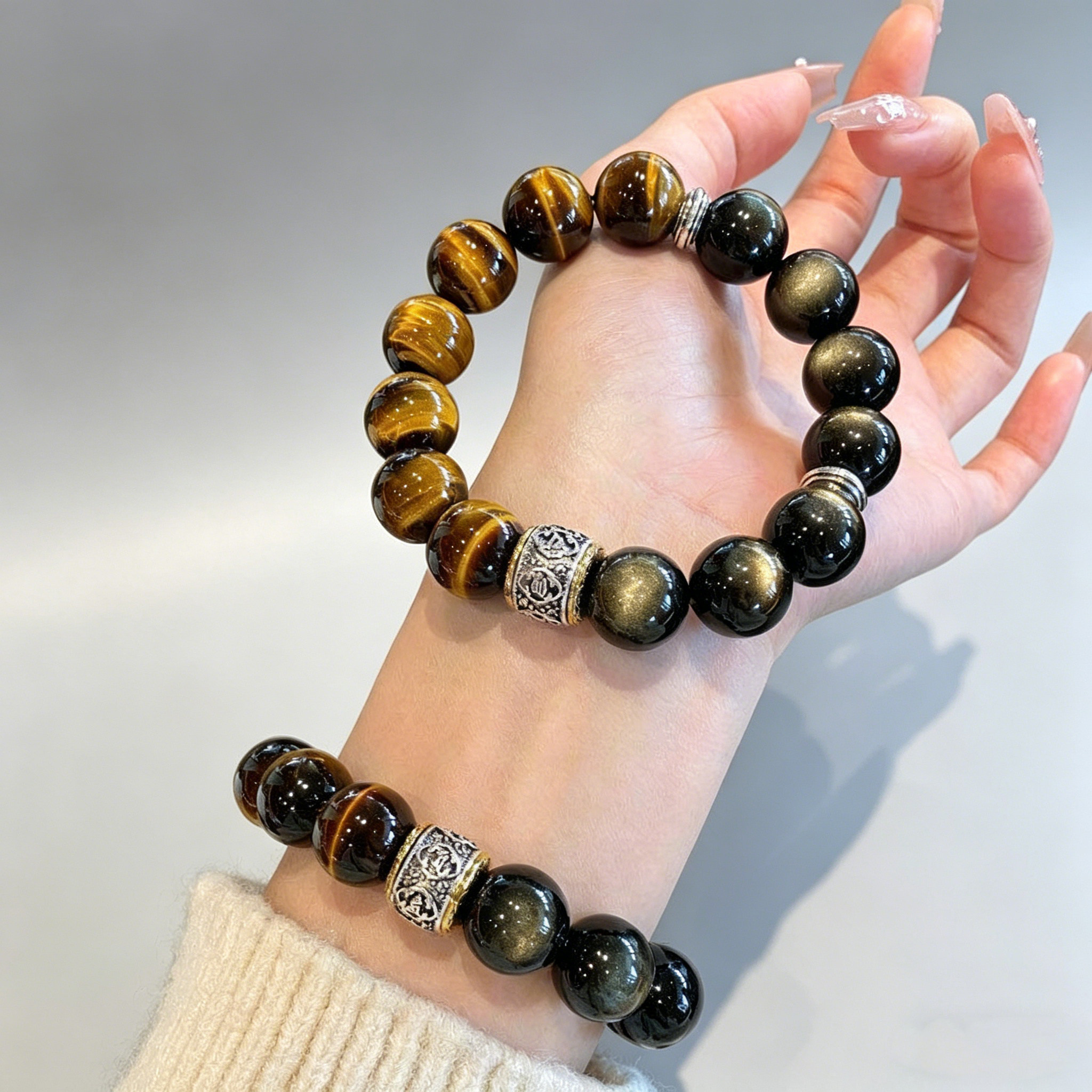 天然虎眼石招财手串 黑曜石金曜石水晶招财手链 私人定制 可过香