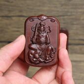 雷击枣木牌赵公明发财树挂件吊坠道家法器随身配饰老料深色精雕