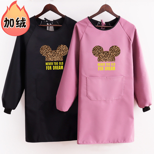 加厚加绒秋冬保暖围裙长袖罩衣女防水防油做饭工作服罩衫男加大