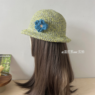 田园风~手工可拆毛线花朵草编卷边渔夫帽女夏防晒海边太阳草帽