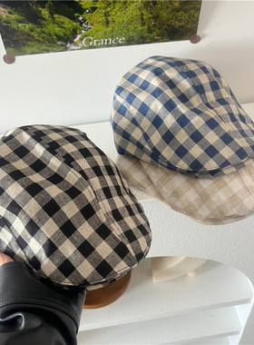 韩版格子贝雷帽女春夏新款文艺复古百搭显脸小画家帽英伦风前进帽