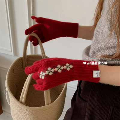 定制 菱格费尔岛撞色羊毛针织手套女冬可触屏防寒保暖五指手套潮