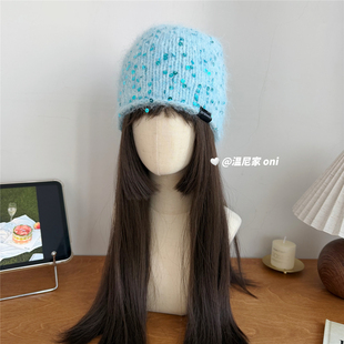 走秀款~ins博主时髦亮片针织冷帽女冬保暖氛围感显脸小套头帽