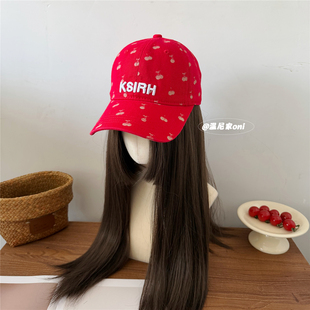 可爱印花刺绣棒球帽女春夏大头围显脸小遮阳鸭舌帽子 红色樱桃