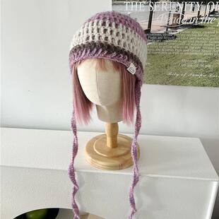 定制~ins温柔紫色条纹针织绑带萝莉帽子女春夏薄款镂空套头帽潮