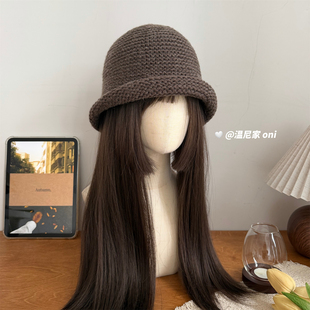 韩代chic~大头围b入羊毛混纺卷边水桶盆帽女显脸小复古毛线渔夫帽
