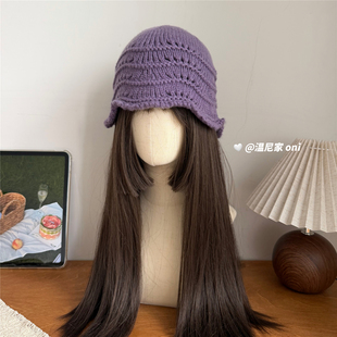 韩系镂空羊毛混纺毛线帽女秋冬花边柔软显脸小针织盆帽潮冷帽子