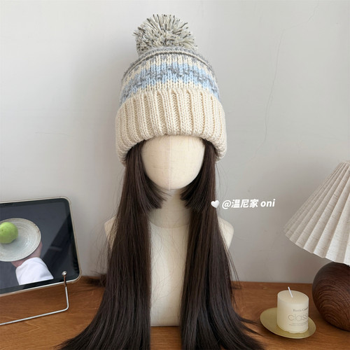 配色hin美~甜！费尔岛针织毛线帽子女冬大毛球可爱显脸小韩系冷帽