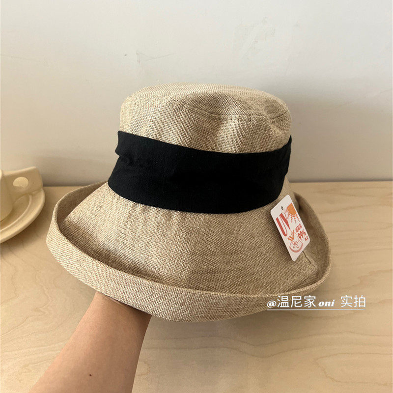 加大檐外贸版~日系亚麻防uv卷边素色渔夫帽女 夏可折叠出游遮阳帽