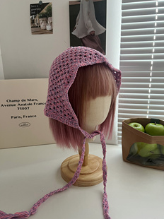 日系手工编织绑带绳子包头帽子女薄款镂空棉线帽复古文艺针织帽