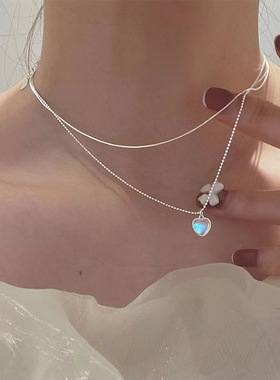 日韩ins双层设计爱心月光石项链女甜美渐变宝石桃心形锁骨链