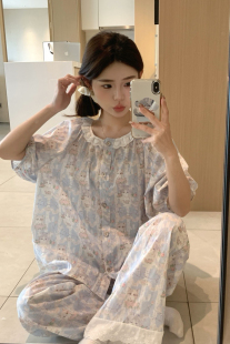 女 韩版 新款 甜美小清新宽松透气纯棉宽松卡通短袖 家居服睡衣套装