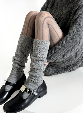 秋冬镂空羊毛堆堆小腿袜重工保暖针织叠穿中筒袜甜美百搭白色