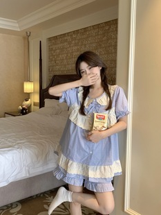 夏季 新款 韩版 甜美公主风宽松显瘦纯棉格纹蕾丝睡衣外穿家居服套装