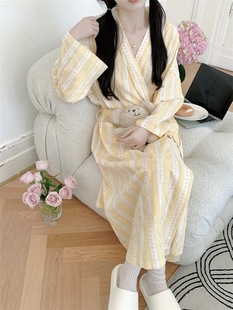 新款 夏季 韩系小格子碎花简约舒适睡袍休闲宽松慵懒显瘦家居服女