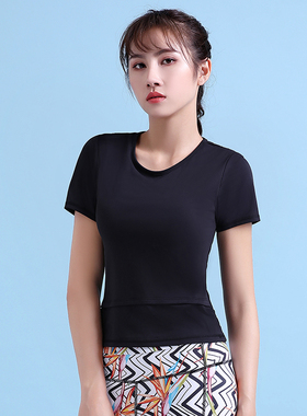 瑜伽服女上衣短袖黑色紧身弹力透气运动健身T恤夏季薄款