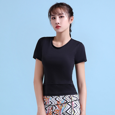 瑜伽服女上衣短袖黑色紧身弹力透气运动健身T恤夏季薄款