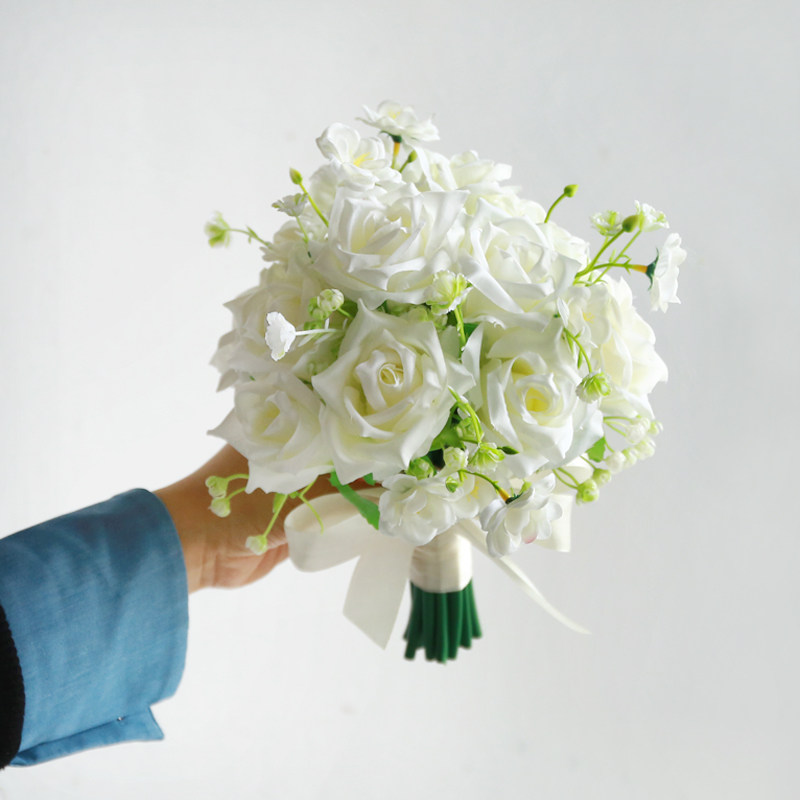 森系婚礼结婚新娘手捧花仿真花白色玫瑰手工花束婚纱迎亲花束欧式