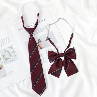 h牌赤绀酒红色条纹领带懒人免打短款学院风领带女jk日系校供手打