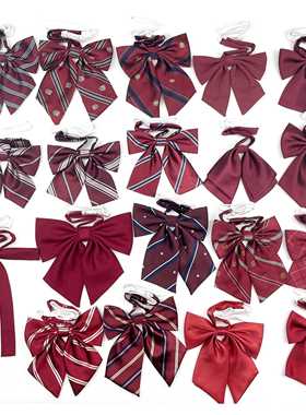 酒红色领结JK女条纹领带免打韩版学院风毕业照红色学士服羽根斜角