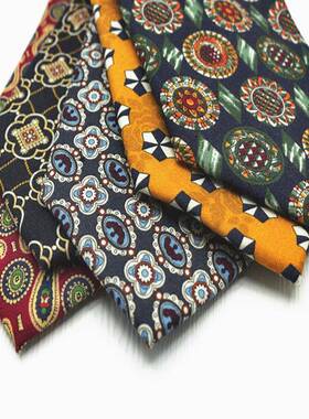 男女复古休闲雅痞羊毛印花花纹领带宽版手打红色黄色腰果花小众