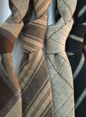 咖色亚麻棉质黄色暗红黑色哑光复古休闲英伦日系7厘米小众领带