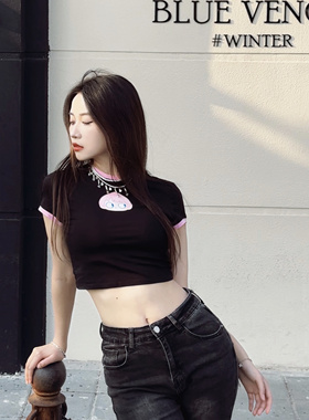 A7x桃崽子合作款黑色紧身上衣女可爱风印花棉显瘦修身辣短款短袖