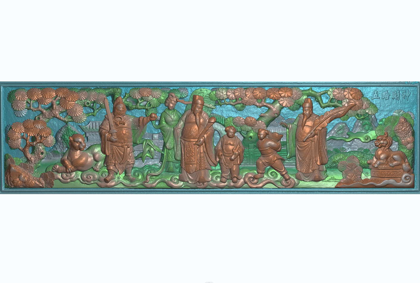 五路财神人物精雕图古建筑祠堂寺庙石雕浮雕木雕扫描图彩眉横版新