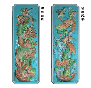 松鹤延年精雕图竖屏竖排长条花鸟花开富贵扫描图古建筑石雕牡丹新