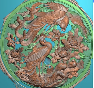 双凤牡丹精雕图圆形圆盘凤凰牡丹双凤呈祥吉祥石雕木雕扫描图古建