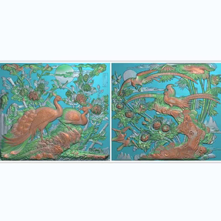 双凤朝牡丹浮雕精雕图古建寺庙扫描图牡丹凤凰吉祥如意影壁墙锦鸡