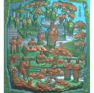 五子登科人物精雕图古建筑宗祠祠堂照壁影壁浮雕图壁画石雕扫描图