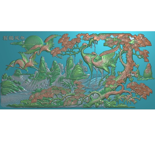 新横版松鹤延年精雕图古建筑祠堂壁画照壁墙影壁墙浮雕扫描图灰度