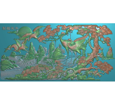 新横版松鹤延年精雕图古建筑祠堂壁画照壁墙影壁墙浮雕扫描图灰度