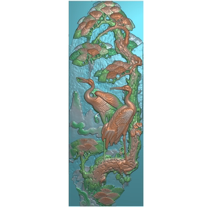 竖排松鹤延年精雕图图扫描图古建筑石雕门楼门章浮雕图长条仙鹤新