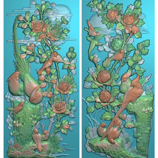 四季花鸟竖屏精雕图竖排祠堂宗祠梅兰竹菊扫描图孔雀鸳鸯牡丹锦鸡