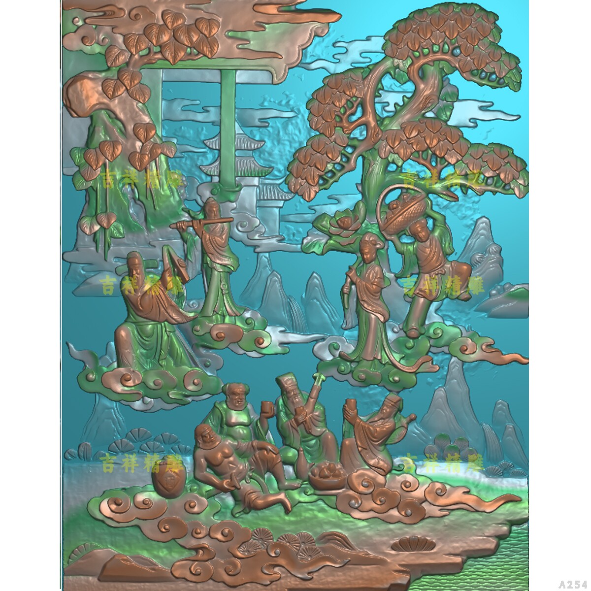 八仙齐聚八仙过海人物浮雕扫描图精雕图古建壁堵浮雕灰度立体雕刻